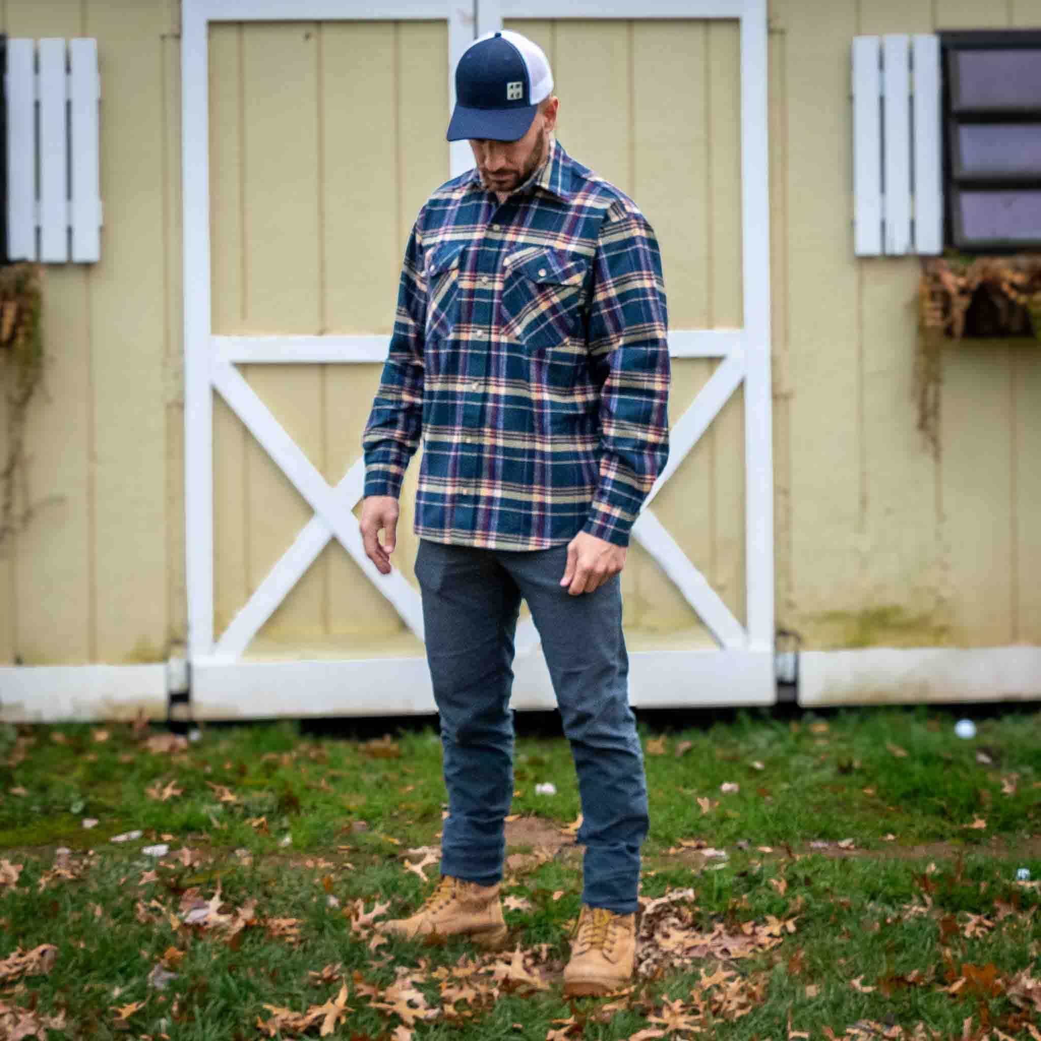 JWM Mens Flannel LS Button Down Navy-Spruce-Tan Compare at $198  ( Allow 1-2 weeks for delivery )